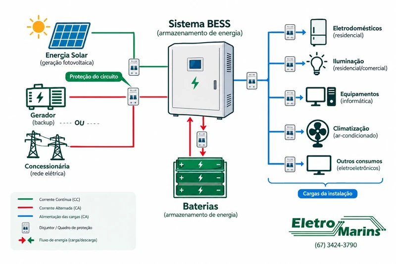 Diagrama de sistema BESS integrado à geração solar, à rede elétrica ou gerador, às baterias e às cargas da instalação