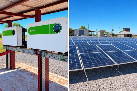 Composição de duas fotos mostrando inversores e painéis fotovoltaicos